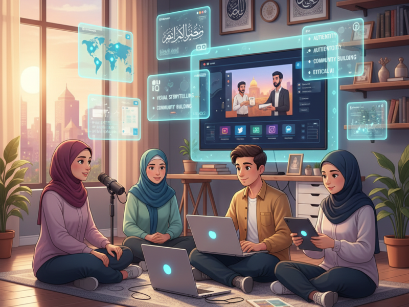 A group of diverse young Muslim professionals in a warm, modern home studio using laptops, tablets, and a podcast microphone to create content, with holographic panels showing tips like "Visual Storytelling" and "Community Building."