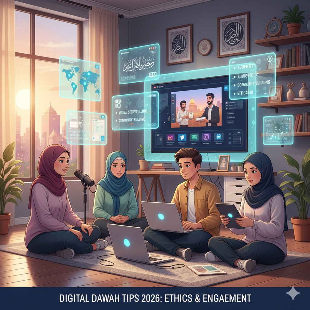 A group of diverse young Muslim professionals in a warm, modern home studio using laptops, tablets, and a podcast microphone to create content, with holographic panels showing tips like "Visual Storytelling" and "Community Building."