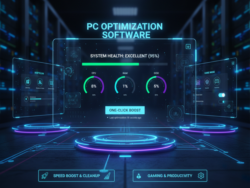 A futuristic digital dashboard showing PC system health, RAM usage, and a 'One-Click Boost' button to optimise computer performance.