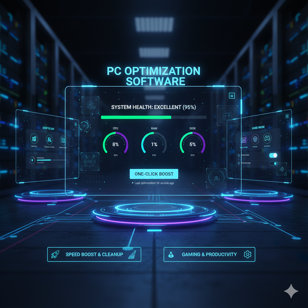 A futuristic digital dashboard showing PC system health, RAM usage, and a 'One-Click Boost' button to optimise computer performance.