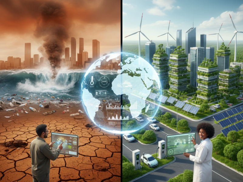 A split-screen illustration showing a scientist analyzing data on a polluted city on the left, and another scientist showcasing a green, sustainable city on the right.