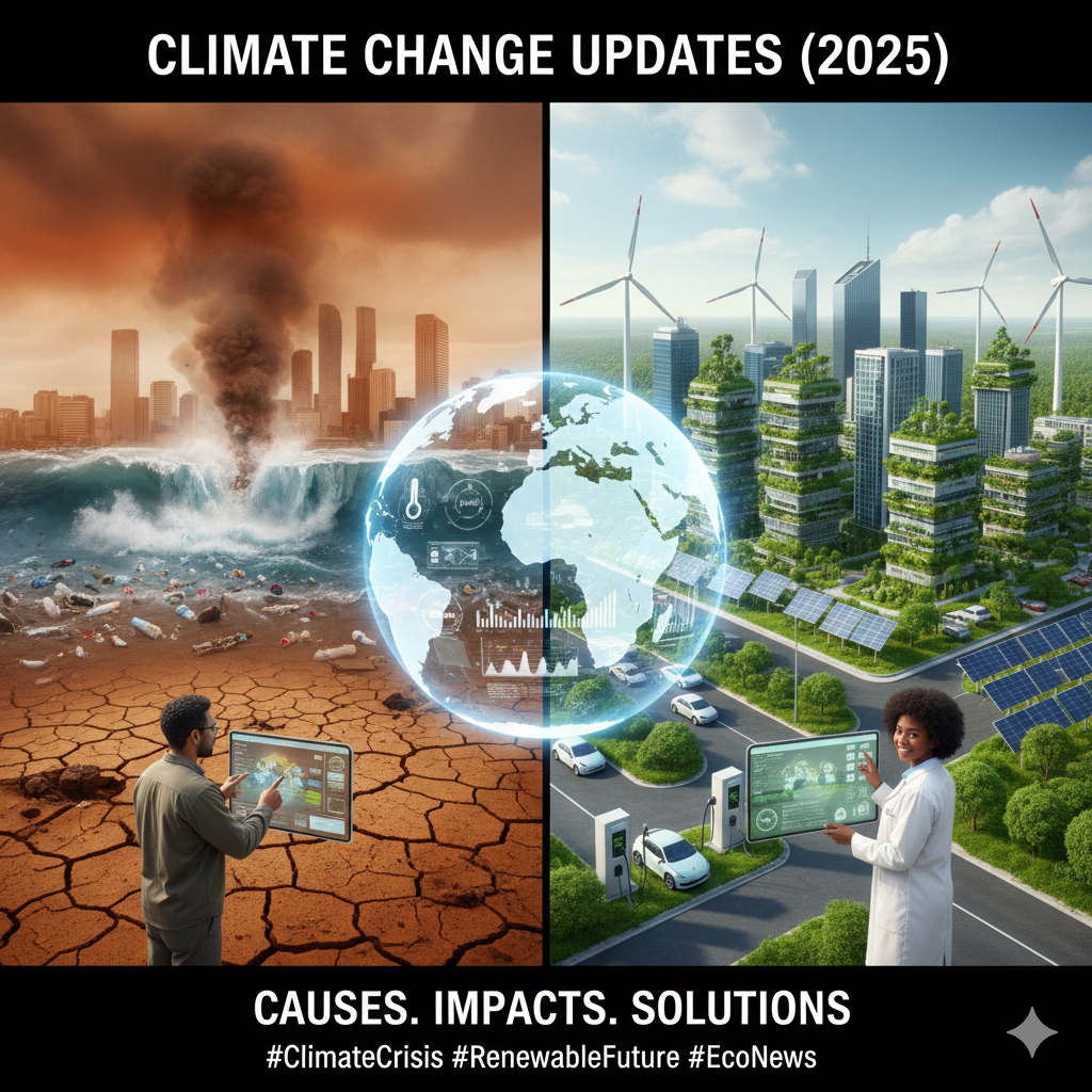 A split-screen illustration showing a scientist analyzing data on a polluted city on the left, and another scientist showcasing a green, sustainable city on the right.