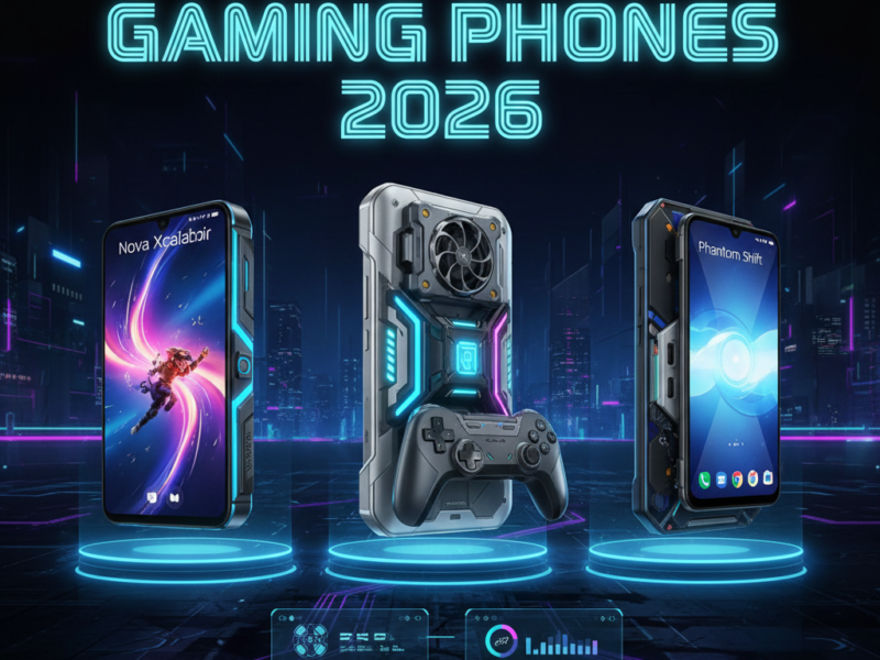 Three high-end gaming smartphones for 2026 displayed with futuristic neon aesthetics, showing built-in cooling fans, RGB lighting, and specialized gaming controllers.