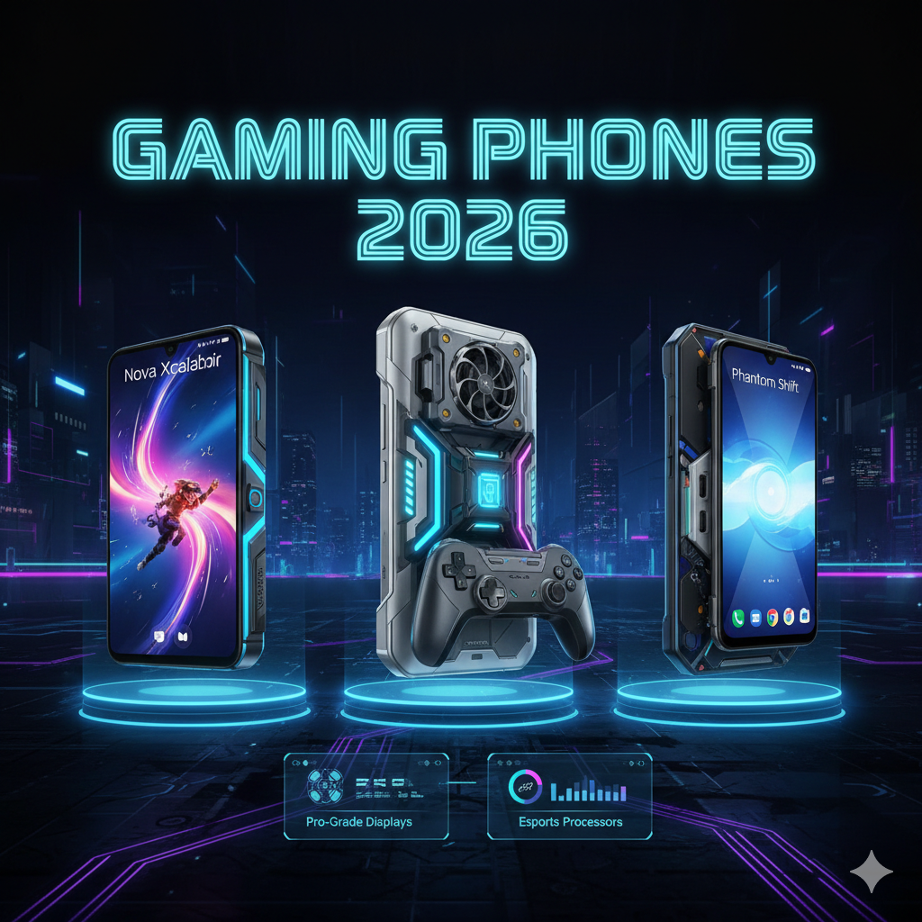 Three high-end gaming smartphones for 2026 displayed with futuristic neon aesthetics, showing built-in cooling fans, RGB lighting, and specialized gaming controllers.