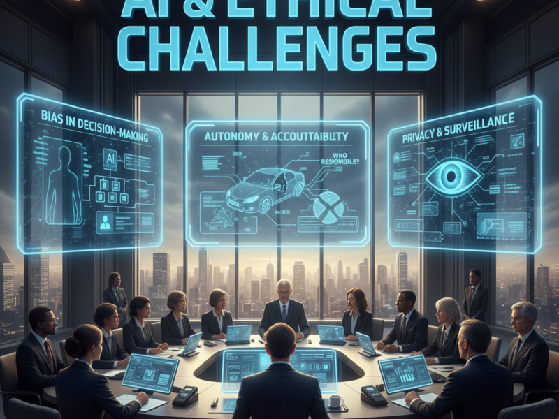 A diverse board of experts in a high-tech conference room discussing digital displays showing AI bias, privacy, and accountability.