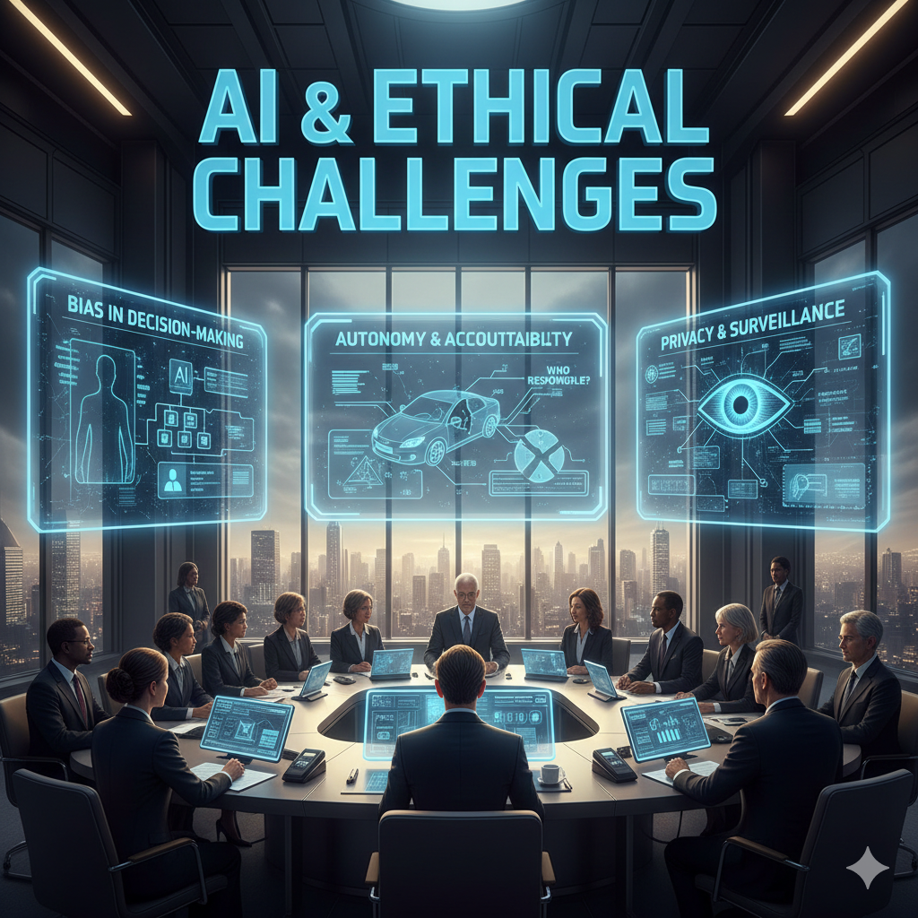 A diverse board of experts in a high-tech conference room discussing digital displays showing AI bias, privacy, and accountability.