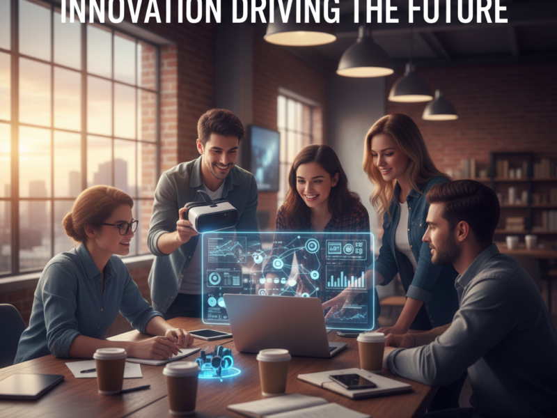 A diverse team of five young entrepreneurs gathered around a wooden table in a bright, modern office with skylights, looking at a floating blue holographic display projected from a laptop while one holds a VR headset.