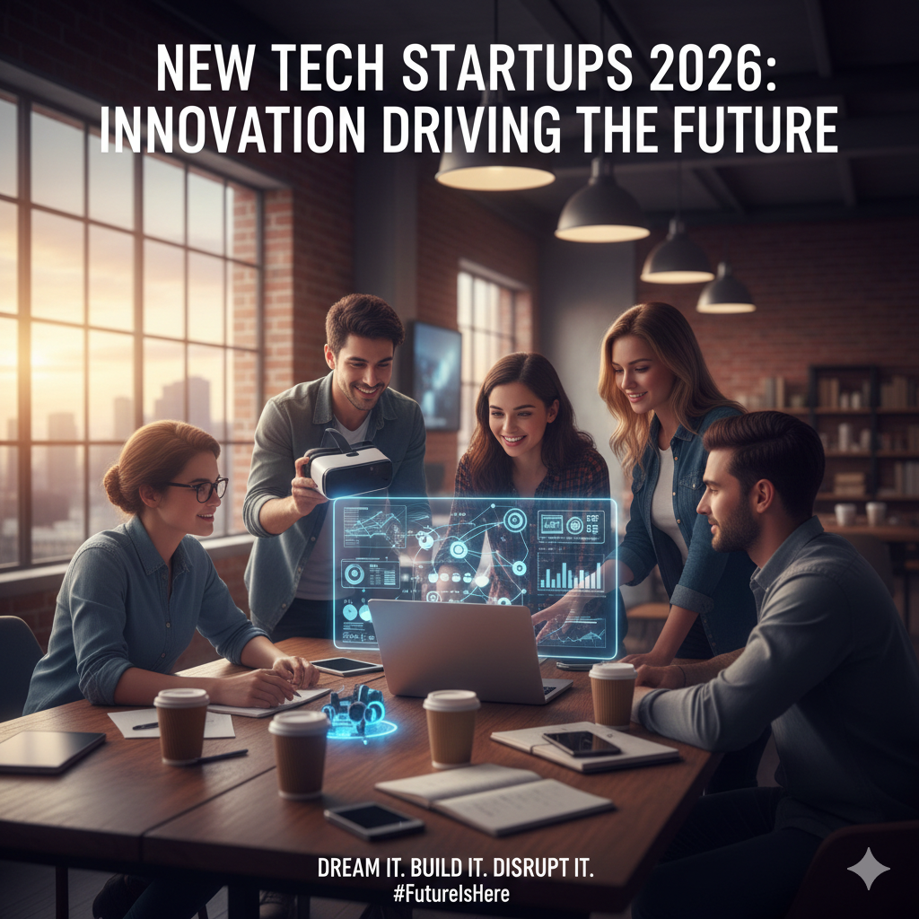 A diverse team of five young entrepreneurs gathered around a wooden table in a bright, modern office with skylights, looking at a floating blue holographic display projected from a laptop while one holds a VR headset.