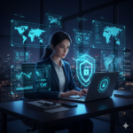 A focused professional woman working at a sleek desk in a high-rise office at night, surrounded by glowing cyan holographic interfaces displaying a large shield icon with a padlock, world maps, and encrypted data streams.