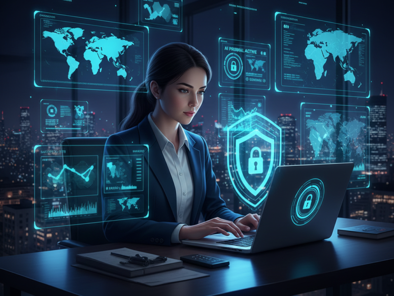 A focused professional woman working at a sleek desk in a high-rise office at night, surrounded by glowing cyan holographic interfaces displaying a large shield icon with a padlock, world maps, and encrypted data streams.
