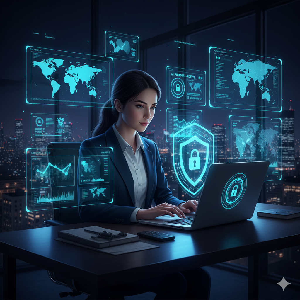 A focused professional woman working at a sleek desk in a high-rise office at night, surrounded by glowing cyan holographic interfaces displaying a large shield icon with a padlock, world maps, and encrypted data streams.