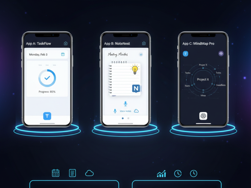 Three modern smartphones showcasing different free productivity app interfaces like task managers, note-taking tools, and mind mapping software.