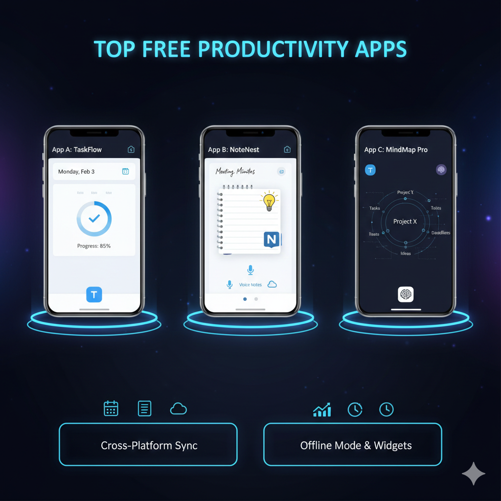 Three modern smartphones showcasing different free productivity app interfaces like task managers, note-taking tools, and mind mapping software.