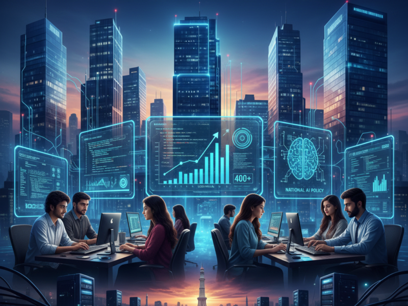 A vibrant collage representing Pakistan's IT growth, featuring high-rise software technology parks, diverse teams of young professionals coding, and data visualization charts showing upward export trends.