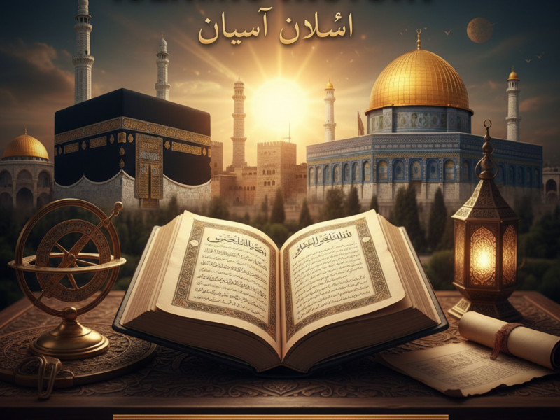 An open antique book sits on a desk foregrounding a blended background of the Kaaba in Mecca and the Dome of the Rock in Jerusalem at sunset.