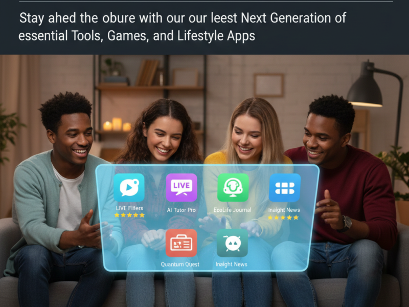 A group of cheerful friends gathered on a couch in a cozy living room, admiring a glowing, holographic screen projected from their smartphones displaying app ratings.