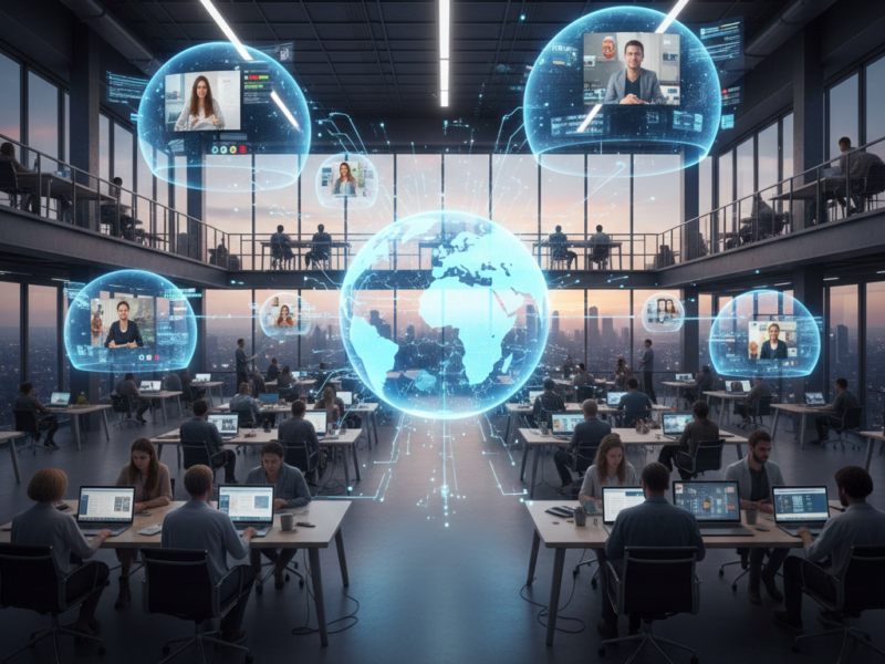 A diverse team of professionals collaborating in a high-tech office, with holographic bubbles displaying virtual participants and a central digital globe representing global connectivity.