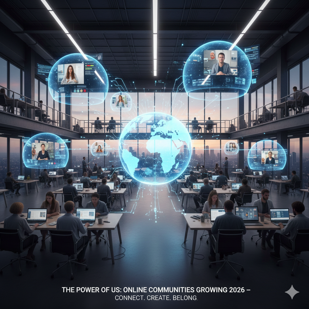 A diverse team of professionals collaborating in a high-tech office, with holographic bubbles displaying virtual participants and a central digital globe representing global connectivity.