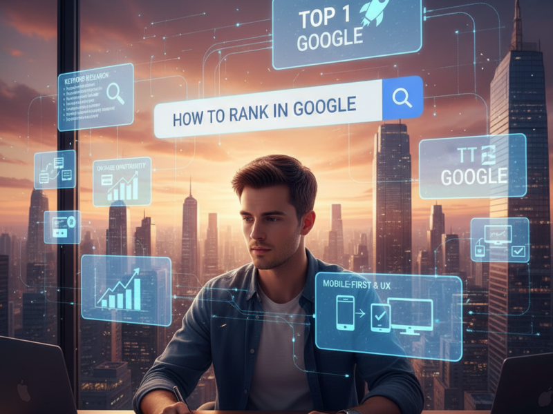 A professional SEO specialist in a high-rise office interacting with a complex holographic display that features "Keyword Research," "On-Page Optimization," and "Mobile-First UX" analytics, with a prominent "TOP 1 GOOGLE" badge glowing in the foreground.