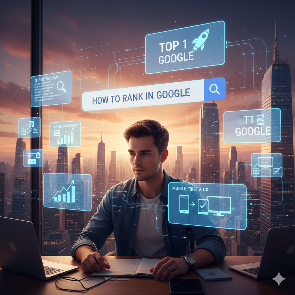A professional SEO specialist in a high-rise office interacting with a complex holographic display that features "Keyword Research," "On-Page Optimization," and "Mobile-First UX" analytics, with a prominent "TOP 1 GOOGLE" badge glowing in the foreground.