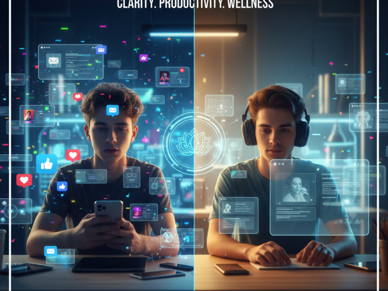 A split-screen illustration showing a person overwhelmed by floating notification icons on the left, and the same person calmly focused on a single task on a clean screen on the right.
