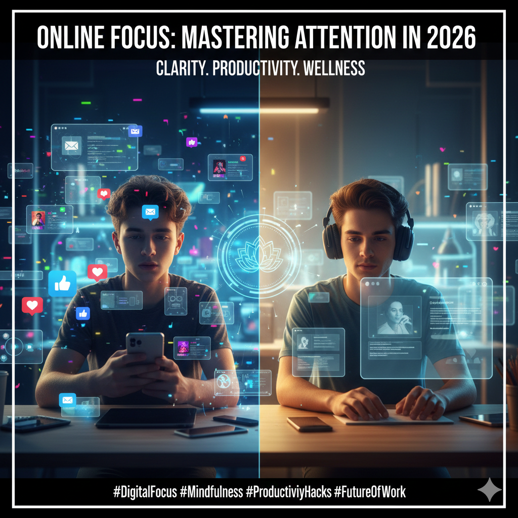 A split-screen illustration showing a person overwhelmed by floating notification icons on the left, and the same person calmly focused on a single task on a clean screen on the right.