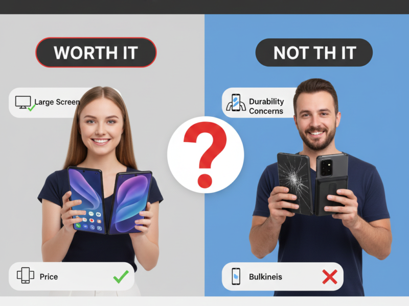 A split-screen comparison showing a woman happily using a large unfolded phone on the left, while a man on the right holds a phone with a cracked screen.