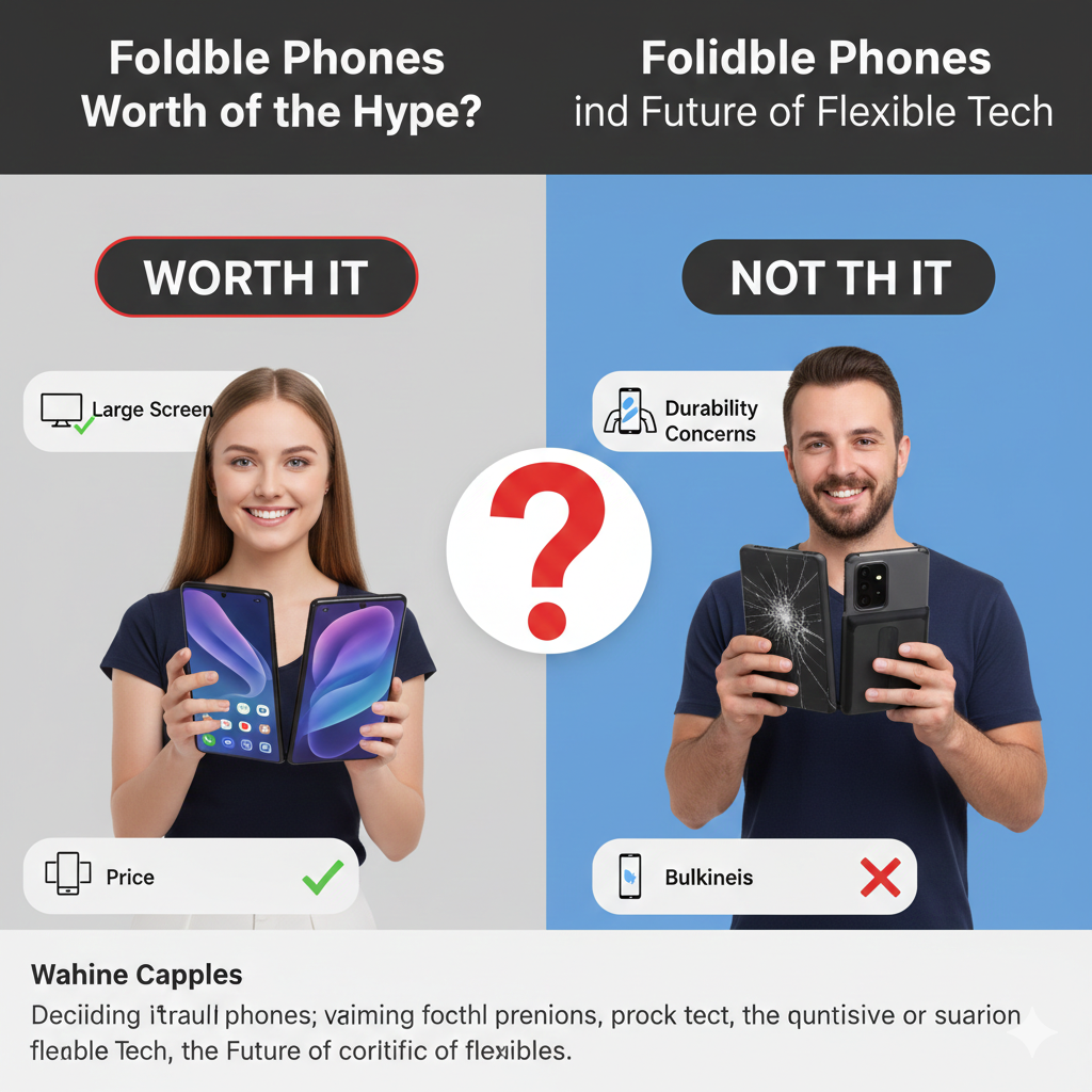 A split-screen comparison showing a woman happily using a large unfolded phone on the left, while a man on the right holds a phone with a cracked screen.