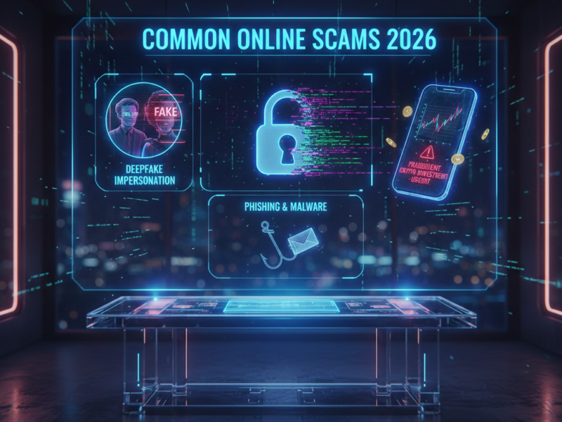 A futuristic holographic display in a dark room showing icons for deepfake impersonation, broken digital padlocks, and fraudulent crypto alerts.