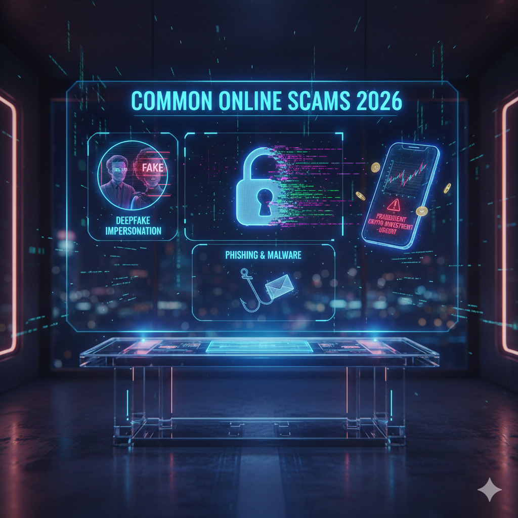 A futuristic holographic display in a dark room showing icons for deepfake impersonation, broken digital padlocks, and fraudulent crypto alerts.