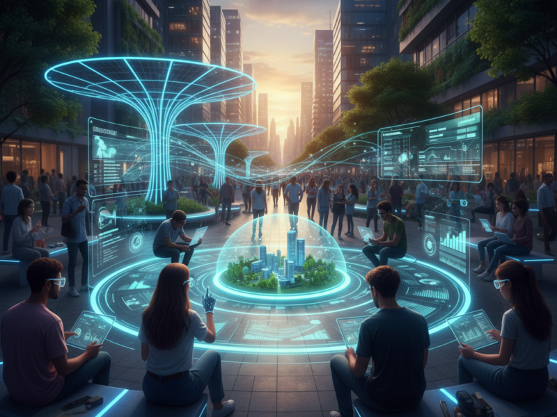 A symmetrical view of a futuristic city street at sunset, featuring a glowing holographic digital tree in the center and diverse groups of people sitting in circles using tablets to interact with floating data panels.