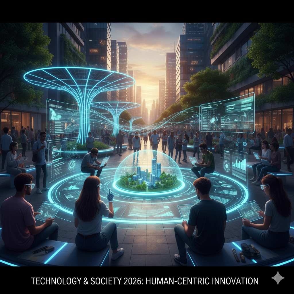 A symmetrical view of a futuristic city street at sunset, featuring a glowing holographic digital tree in the center and diverse groups of people sitting in circles using tablets to interact with floating data panels.