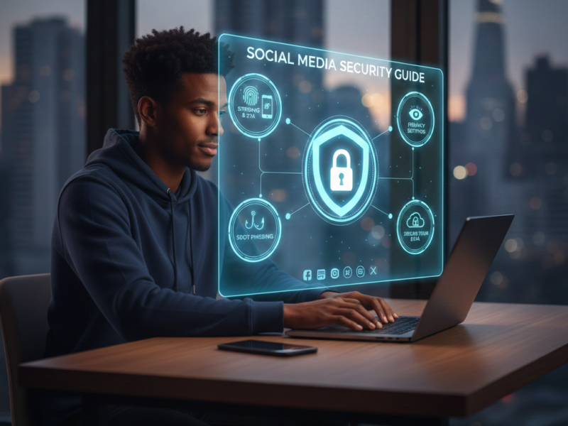 A man interacting with a holographic display listing security features like two-factor authentication and privacy settings while working on a laptop.
