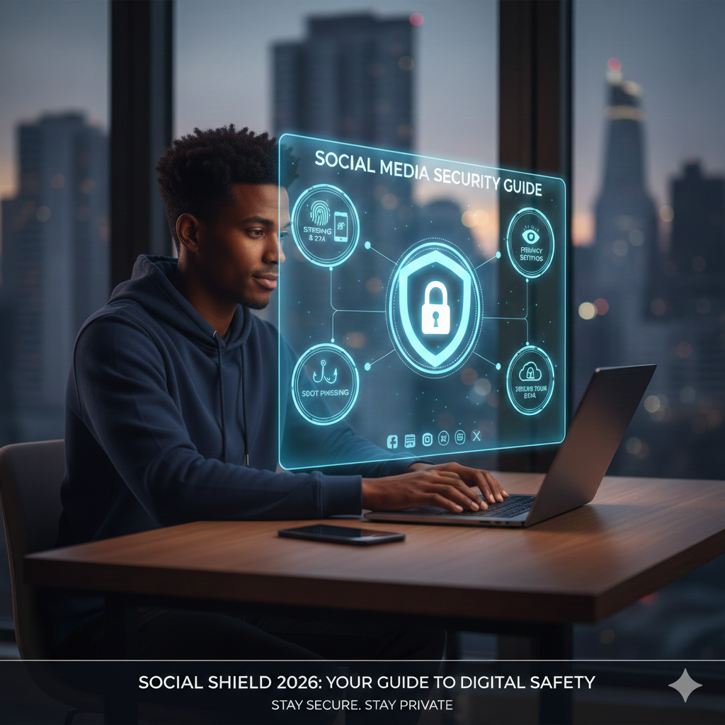 A man interacting with a holographic display listing security features like two-factor authentication and privacy settings while working on a laptop.