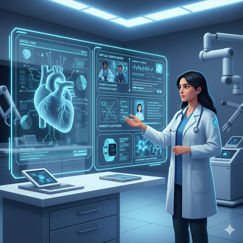A female doctor using a futuristic holographic interface to analyze a 3D digital heart and patient data.