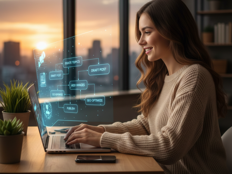 A woman types on a laptop next to a holographic workflow chart displaying steps from ideation to publishing a blog post.