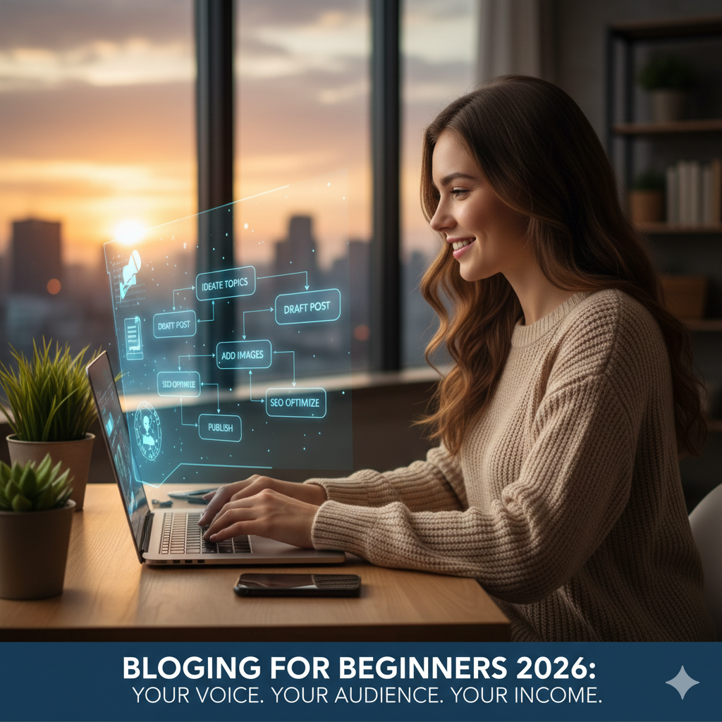 A woman types on a laptop next to a holographic workflow chart displaying steps from ideation to publishing a blog post.