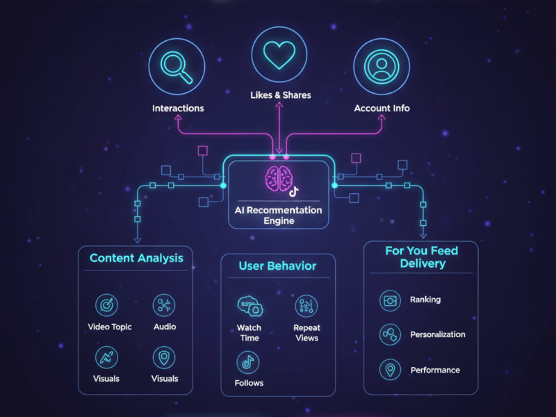 A detailed infographic flowchart explaining the TikTok algorithm, including AI recommendation engines, user behaviour, watch time, and content analysis.