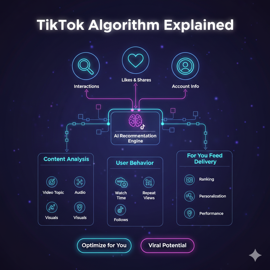 A detailed infographic flowchart explaining the TikTok algorithm, including AI recommendation engines, user behaviour, watch time, and content analysis.