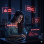 A young woman sitting at a desk at night, looking concerned as she views a laptop screen with a "GET RICH QUICK" graph and red floating holographic warnings that say "SCAM ALERT," "UNREALISTIC EXPECTATIONS," and "LACK OF NICHE/SKILLS."