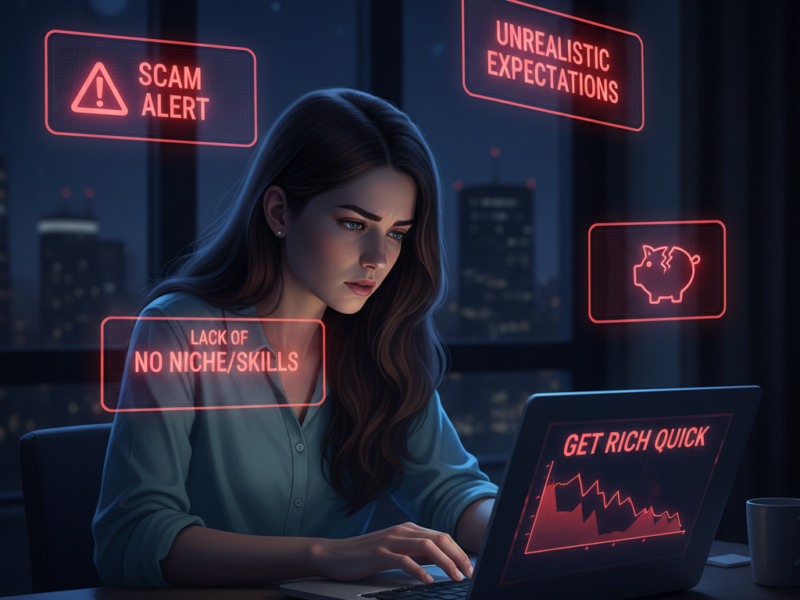 A young woman sitting at a desk at night, looking concerned as she views a laptop screen with a "GET RICH QUICK" graph and red floating holographic warnings that say "SCAM ALERT," "UNREALISTIC EXPECTATIONS," and "LACK OF NICHE/SKILLS."