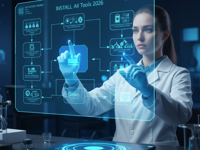 A technical specialist in a white lab coat interacting with a floating digital interface to deploy AI algorithms within a server room.