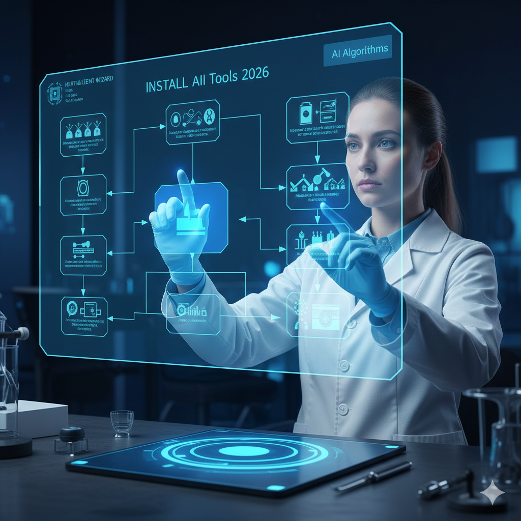 A technical specialist in a white lab coat interacting with a floating digital interface to deploy AI algorithms within a server room.