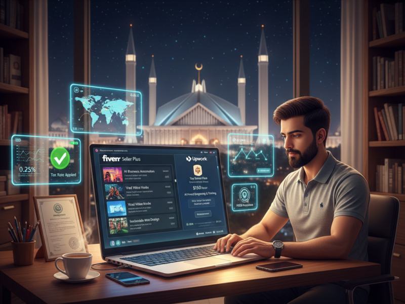 A professional Pakistani freelancer working on a high-end laptop at a wooden desk, displaying a split-screen of Fiverr Seller Plus and Upwork Top Rated Plus profiles. Floating holographic icons show high-paying niches like "AI Business Automation" and "Short-Form Video Hooks," with the illuminated Faisal Mosque and a starry night sky in the background.