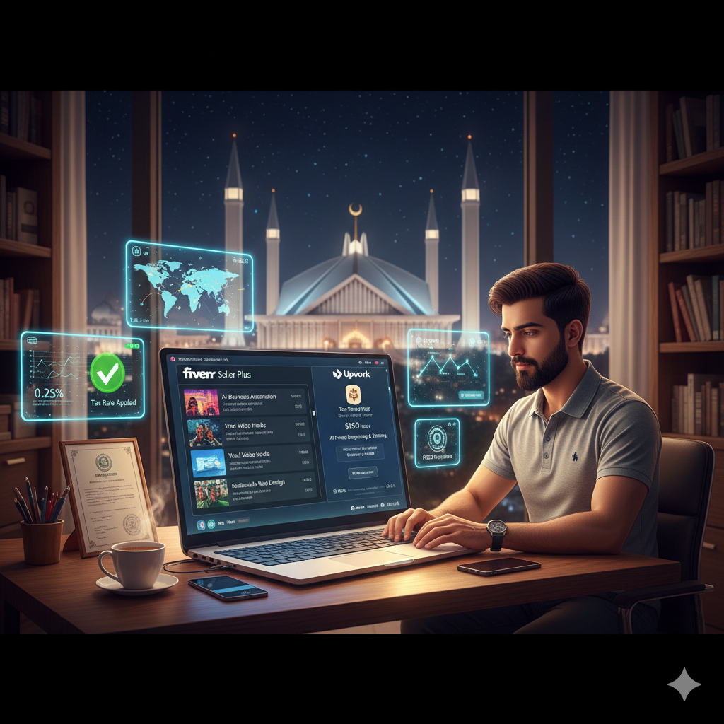 A professional Pakistani freelancer working on a high-end laptop at a wooden desk, displaying a split-screen of Fiverr Seller Plus and Upwork Top Rated Plus profiles. Floating holographic icons show high-paying niches like "AI Business Automation" and "Short-Form Video Hooks," with the illuminated Faisal Mosque and a starry night sky in the background.