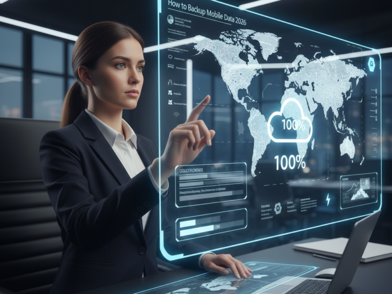 A professional woman at a sleek desk interacting with a transparent holographic screen showing a 100% completed cloud backup.