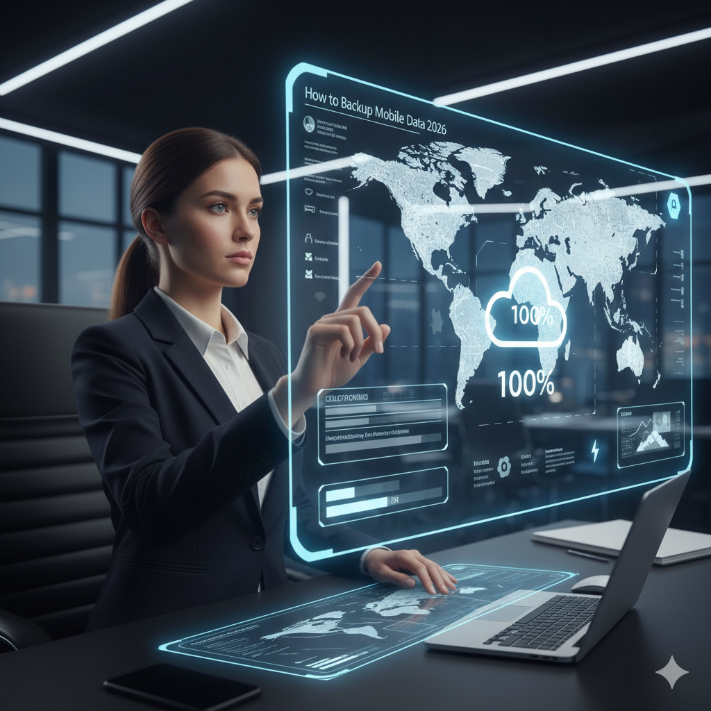 A professional woman at a sleek desk interacting with a transparent holographic screen showing a 100% completed cloud backup.