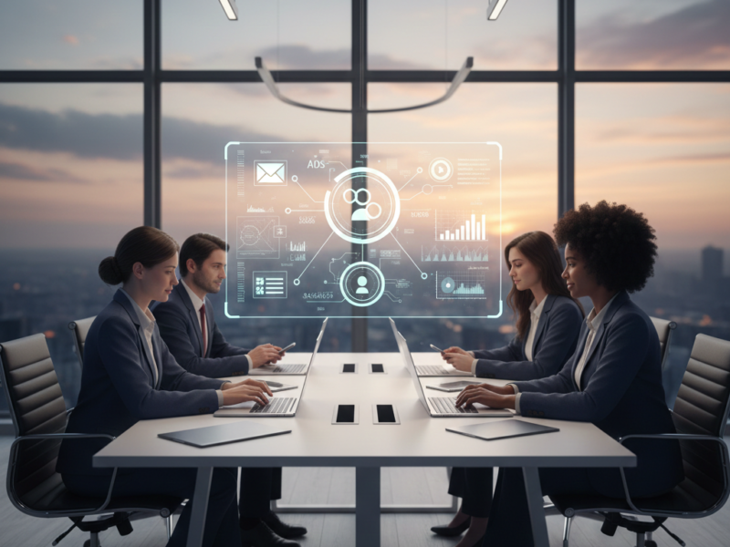 A professional team in a high-rise office analyzing a floating holographic interface displaying app monetization metrics and revenue streams.