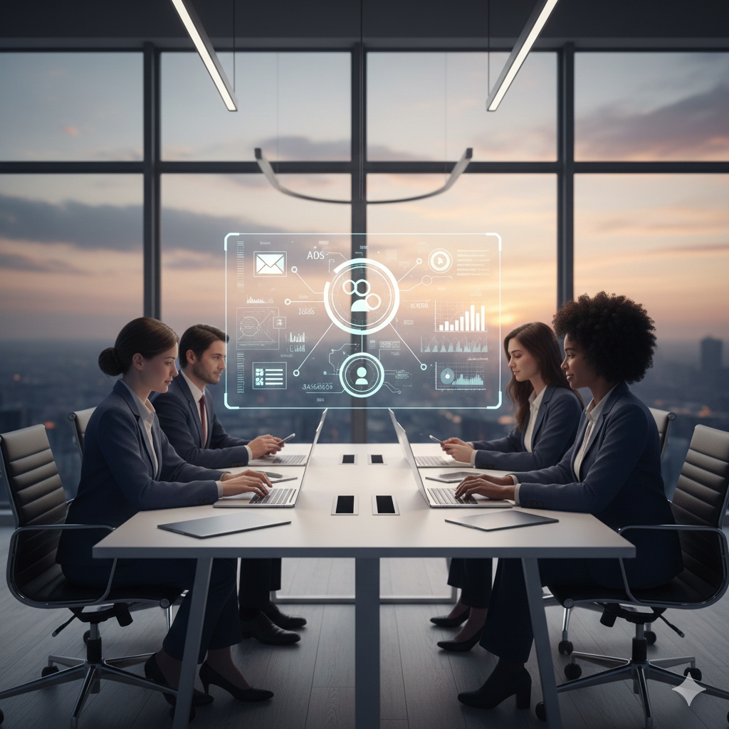 A professional team in a high-rise office analyzing a floating holographic interface displaying app monetization metrics and revenue streams.