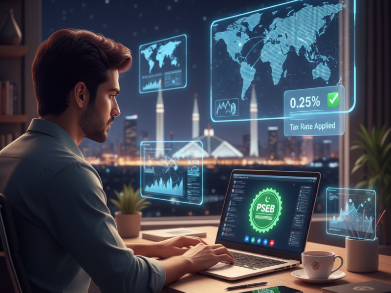 A young Pakistani freelancer working from a sleek, minimalist home studio in Islamabad at night. He is using a high-end laptop with a glowing "PSEB Registered" badge on the screen. The background shows a digital dashboard with real-time global client locations and a notification for a "0.25% Tax Rate Applied" successfully.